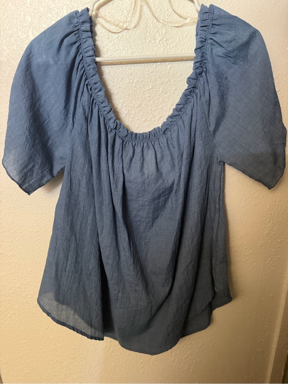 TeenBell Sky-Blue Puff Sleeve Peasant Top